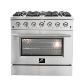 FORNO Galiano 36 in. Pro-Style 6 Italian Burners All 304/430 Stainless Steel 83000 BTU Gas Range, Convection Oven		