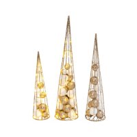 Lighted Gold and White Ornament-Filled Cone Trees, Set of 3