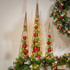 Red and Green Ornament-Filled Cone Trees, Set of 3