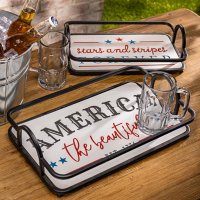 Metal & Engraved Wood Americana Trays, Set of 2
