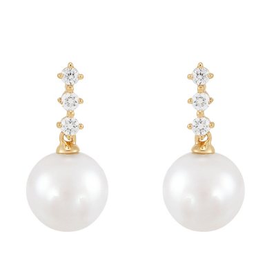 Freshwater Cultured Pearl Earrings with Diamond Accents in 14k Yellow ...