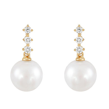 Freshwater Cultured Pearl Earrings with Diamond Accents in 14k Yellow ...