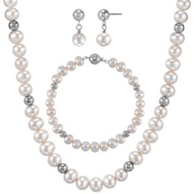 Freshwater Cultured Pearl and Silver Bead 3pc Set