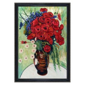 Hand-painted Oil Reproduction of Vincent Van Gogh's <i>Vase with Poppies and Daisies</i>.