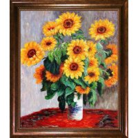 Hand-painted Oil Reproduction of Claude Monet's Sunflowers.