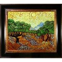Hand-painted Oil Reproduction of Vincent Van Gogh's <i>Olive Trees with Yellow Sun and Sky</i>.