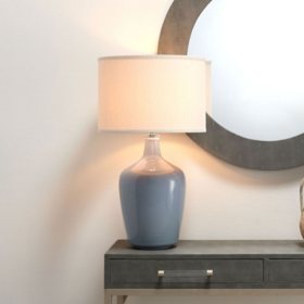  Table Lamp in Dove Grey Glass w/ Drum Shade in Pebble Linen