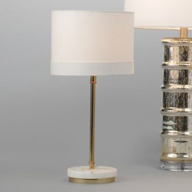 Table Lamp in White Marble & Antique Brass Metal With Drum Shade, White Linen