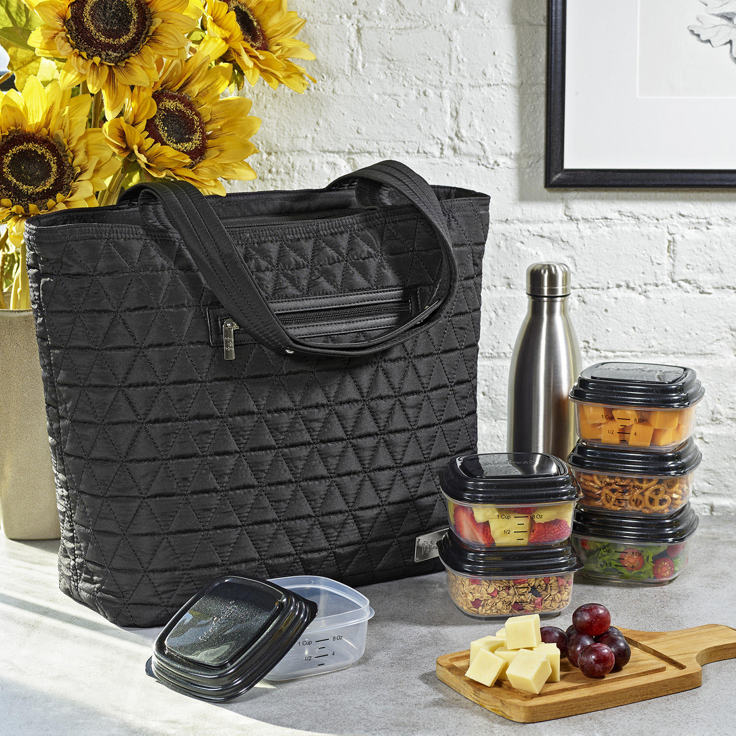 Quilted Luxe Insulated Laptop Bag with Zipper Front Pocket and Food Containers