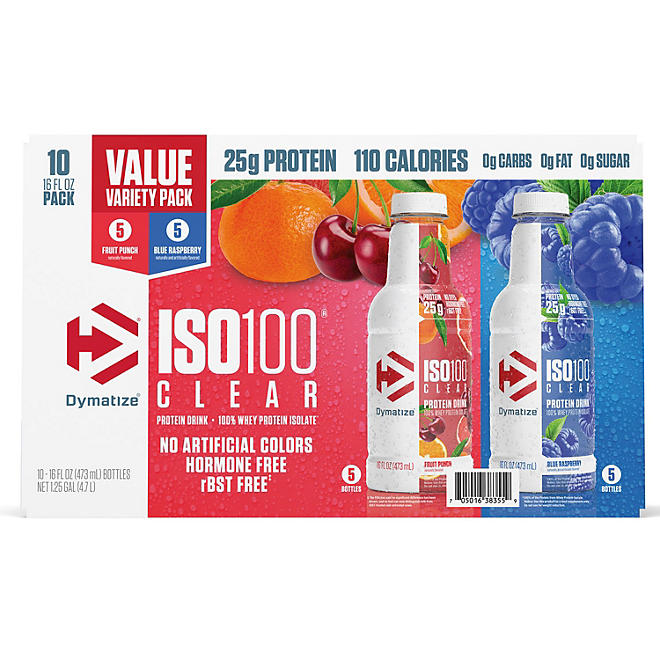 Dymatize ISO100 Clear 100% Whey Protein Isolate, 25g Protein, Fruit Punch and Blue Raspberry (16 fl. oz., 10 pk.)