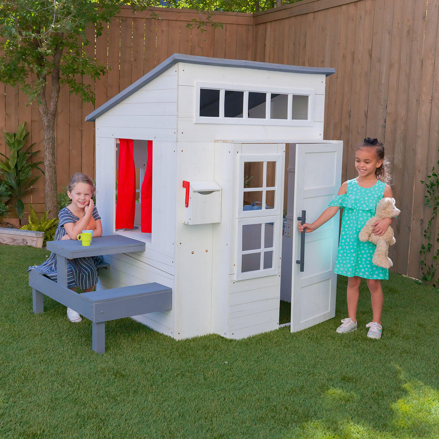 KidKraft Modern Outdoor Wooden Playhouse with Picnic Table, Mailbox and Outdoor Grill