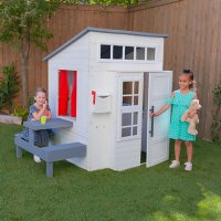 KidKraft Modern Outdoor Wooden Playhouse with Picnic Table, Mailbox and Outdoor Grill, White		
