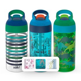 Zak Designs 17.5-oz. Tritan Water Bottle 3-Pack Set Reuseable Plastic with One-Touch Lid, Silicone Spout with Cover (Assorted Colors)