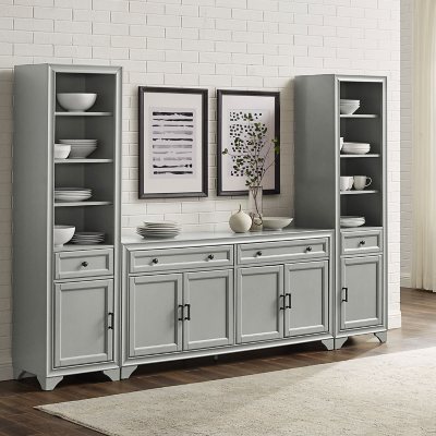 Crosley Tara Distressed White 3PC Sideboard and Bookcase Set