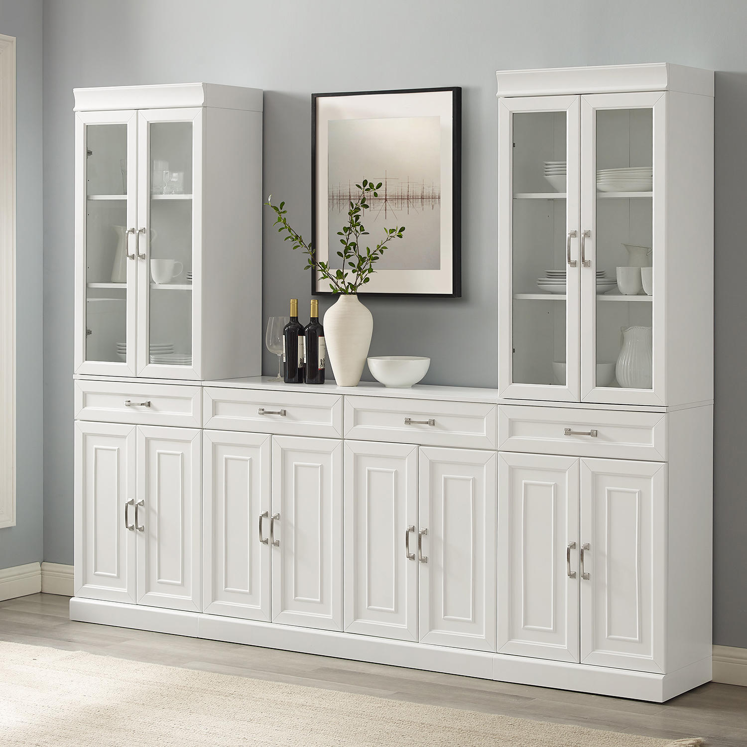 Crosley Furniture Stanton 3-Piece Sideboard And Glass Door Pantry Set, White