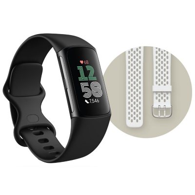 Fitbit Charge 6 Obsidian Band / Black Aluminum Case + Bonus Sport Band  Frost White, Small