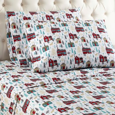 Micro Flannel Printed Sheet Set - Cabins - Twin:- Cabins, Twin