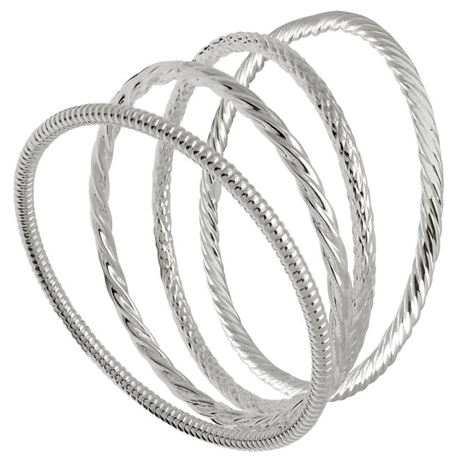 Sterling Silver Bangle Bracelets - Set of 4, Assorted Styles
