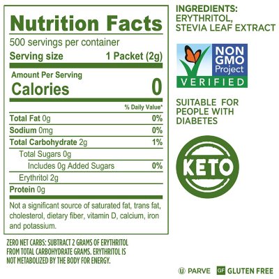 Pure Via All Natural Stevia Sweetener Packets Zero Calorie: Nutrition &  Ingredients