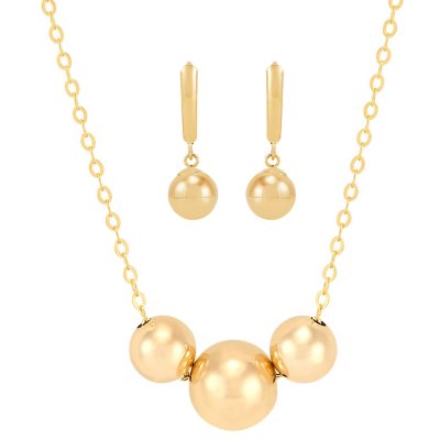 Three Bead Pendant Necklace and Drop Earring Set in 14K Gold