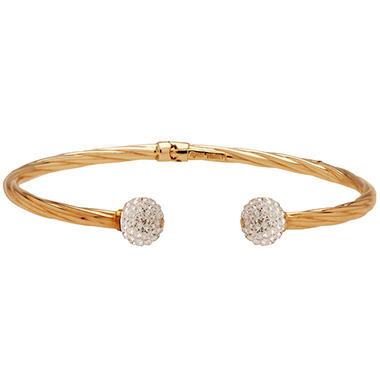 7.25 inch Genuine Swarovski Crystal Ball Ended Hinged Bangle in Sterling Silver and 14K Yellow Gold
