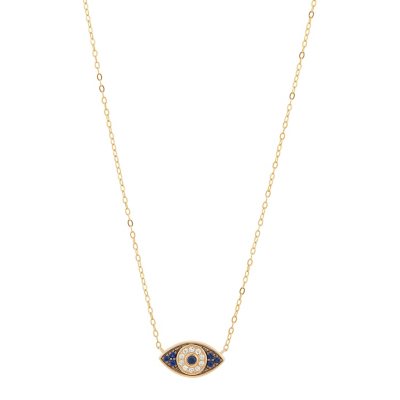 Round Cut Sapphire & .06 CT. T.W. Diamond Evil Eye Necklace in 14K ...