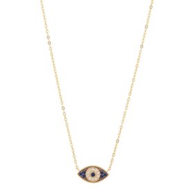 14K Yellow Gold Created Sapphire and Diamond Evil Eye Necklace on Adjustable Rolo Chain