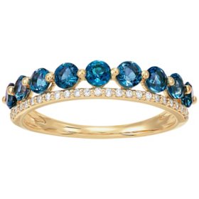 Round Cut London Blue Topaz & Diamond Double Row Band in 14K Gold