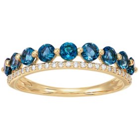 14K Yellow Gold Double Row London Blue Topaz and 0.10 CT. T.W. Band Ring