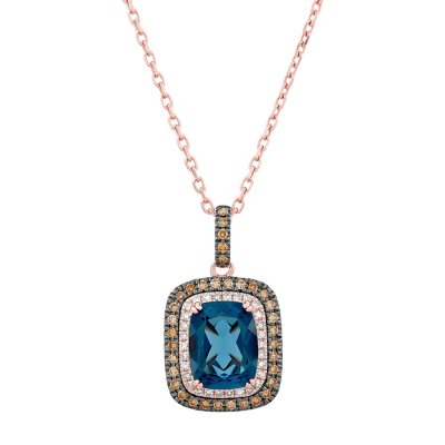 14K Rose Gold Cushion Treated London Blue Topaz & 0.25 CT White & Brown  Diamond Pendant