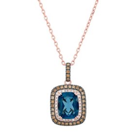 Cushion Cut London Blue Topaz & 0.25 CT. T.W. Diamond Double Halo Pendant Necklace in 14K Gold