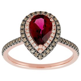 14K Rose Gold Pear Rhodolite Garnet & 0.25CT White & Brown Diamond Ring