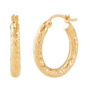 14K Yellow Gold Crystal Cut and High Polish Round Hoop Earrings
