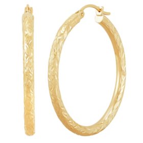 14K Yellow Gold 3x35mm Crystal Cut and High Polish Round Hoop Earrings