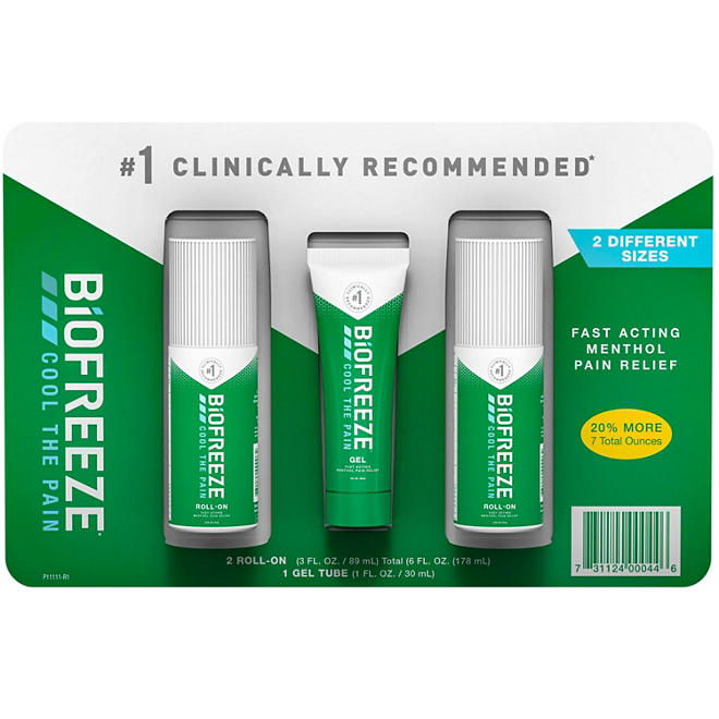 BIOFREEZE Cold Therapy Pain Relief Topical Analgesic (2 roll-on tubes, 1 gel)