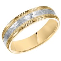 6mm Yellow & White Gold Comfort Fit Band with Hammered Finish and Milgrain Edges