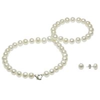 Sterling Silver Heart Clasp Freshwater Pearl Necklace and Earring Set (7-8mm)