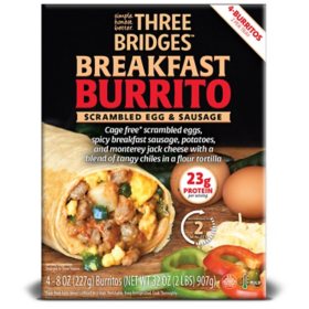 Three Bridges Egg and Sausage Breakfast Burrito, 8 oz., 4 ct.