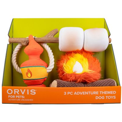 Orvis Pet Outdoor 3 Piece Toy Set with Campfire Plush Lantern Tug Toy and Removable Marshmallow Floating Stick