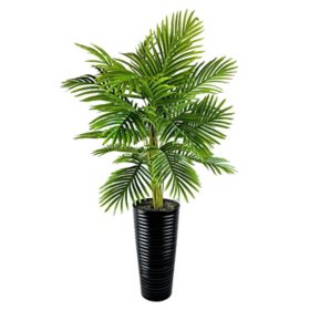 Faux 48" Palm in Black Ribbed Metal Planter	