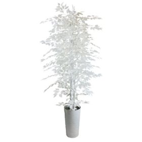 Artificial 7.5' White Ficus Tree in Decorative White Metal Pot