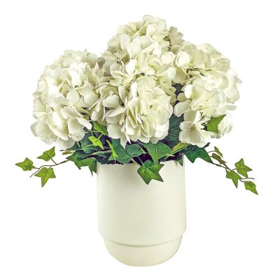 Faux 26" White Hydrangea in White Ceramic Planter (planter is broken)