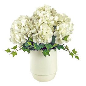 Faux 26" White Hydrangea in White Ceramic Planter	