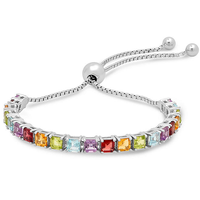 Sterling Silver Multi Princess Cut Gemstone Adjustable Bracelet