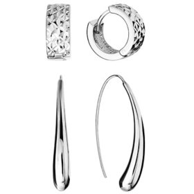 Sterling Silver Diamond Cut Huggie Hoop & High Polished Threader Earring Set