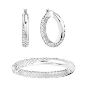 Hoop Earring and Bangle Bracelet Set in Sterling Silver