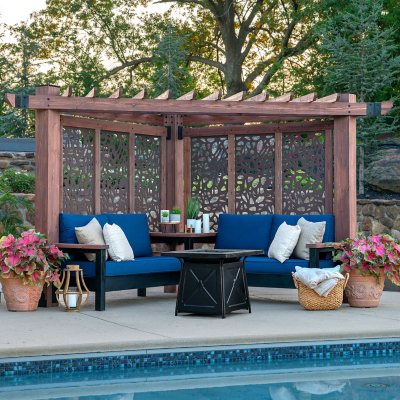 Backyard Discovery Cedar Cabana Pergola Lounger With Decorative Privacy Panels Pebble Blue Sam S Club