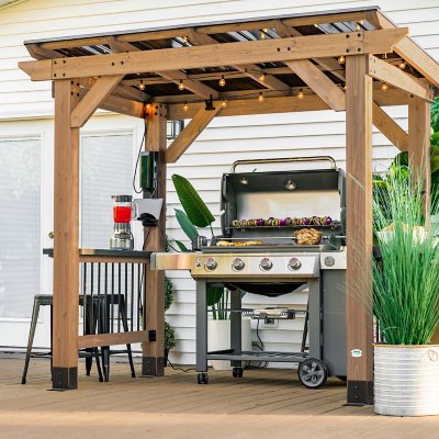 Patio Barbecue Canopy with Serving Shelf and Storage Hooks Beige Tangkula 7ft Grill Gazebo Curved Grill Shelter w/Heavy-Duty Steel Frame Sunshade Awning for Outdoor Garden 