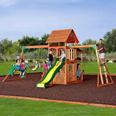 Saratoga Cedar Swing Set with Upper Play Deck with Wood Roof, Lower Level Club House, Monkey Bar, F8 ft. Super Safe Speedy Slide