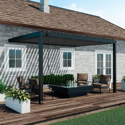 Backyard Discovery Evanston Wall-Mounted Louvered Metal Pergola:- 14' x 10'